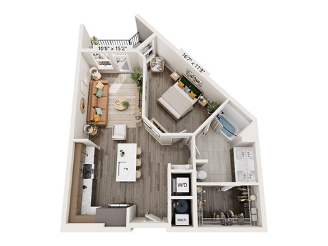A floor plan of a small apartment with a kitchen, living room, and bathroom.